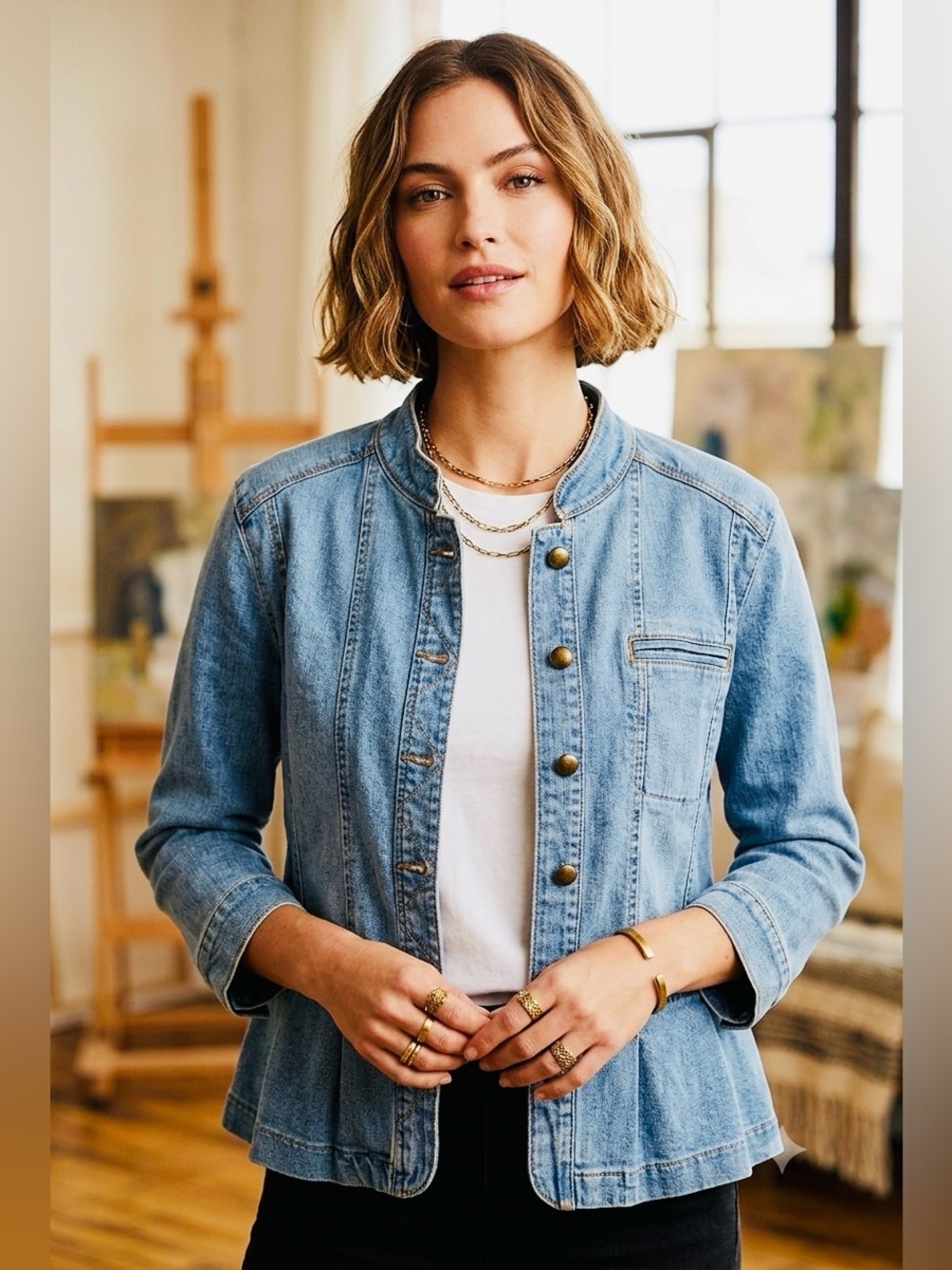 LOFT Denim Jacket Blue Mandarin Collar Peplum Button Front Jean size 12